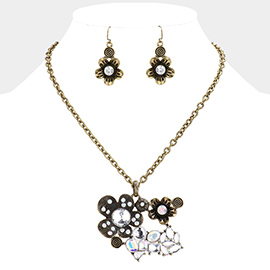 Double flower crystal pendant necklace