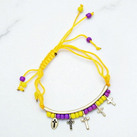 Stone Paved Cross Charm Beaded Thread Adjustable Cinch Pull Tie Bracelet