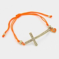 Crystal Pave Cross Heart Charm Pointed Thread Adjustable Cinch Pull Tie Bracelet