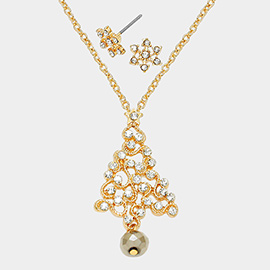 Crystal Christmas Tree Pendant Necklace with Snow Flake Earrings