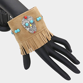 Day of the Dead Mexican Sugar Skull Faux Suede Fringe Bracelet