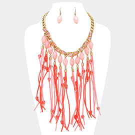 Faux Suede Fringe & Marble Bead Bib Necklace