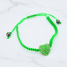 Crystal Paved Heart Pointed Braided Adjustable Cinch Pull Tie Bracelet