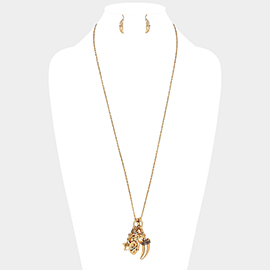 Metal elephant & horn multi-charm long necklace