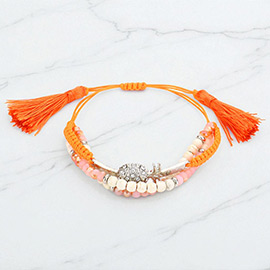 Pineapple Accented Double Tassel Adjustable Cinch Pull Tie Bracelet