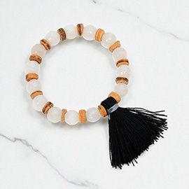 Thread tassel charm beaded stretch bracelet