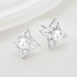 Pearl Centered Crystal CZ Stone Star Stud Earrings