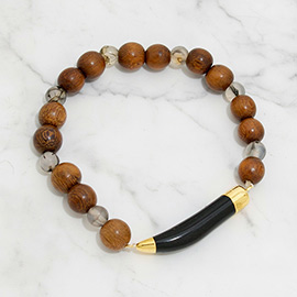 Natural stone horn tusk & wood pearl strand stretch bracelet