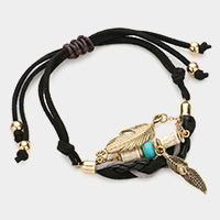 Natural stone metal feather charm faux suede cinch bracelet