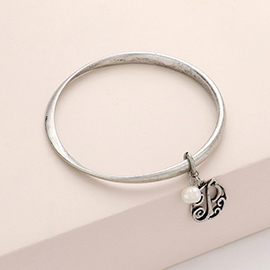 -P- Initial Monogram Pearl Charm Bangle Bracelet