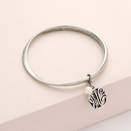 -W- Initial Monogram Pearl Charm Bangle Bracelet