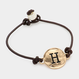 -H- Initial Monogram Metal Disc Pearl Pointed Bracelet
