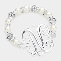 -N- Initial Monogram Charm Pearl Filigree Stretch Bracelet