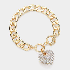 Rhinestone Pave Heart Charm Link Toggle Bracelet