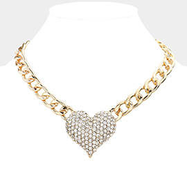 Heart Rhinestone Pave Chunky Metal Chain Necklace