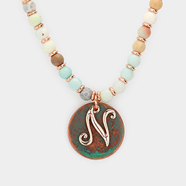 -N- Initial Monogram Pendant Natural Stone Long Necklace