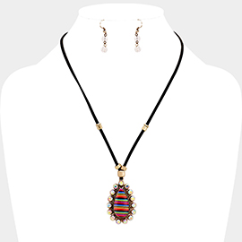 Faux Leather Cord Serape Rhinestone Teardrop Necklace