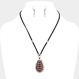 Faux Leather Cord Serape Rhinestone Teardrop Necklace