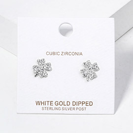 White Gold Dipped CZ Paved Clover Stud Earrings