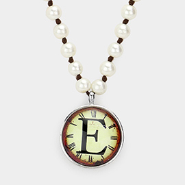-E- Initial Monogram Pearl Beaded Watch Printed Long Necklace