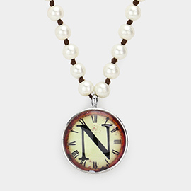 -N- Initial Monogram Pearl Beaded Watch Printed Long Necklace