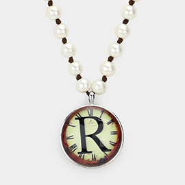 -R- Initial Monogram Pearl Beaded Watch Printed Long Necklace
