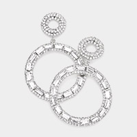 Rectangle Stone Accented Double Open Circle Link Dangle Evening Earrings