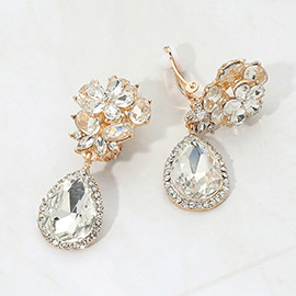 Flower Glass Crystal Teardrop Dangle Clip On Earrings