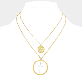 Layered Jesus Metal Disc Cross Bib Necklace