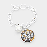 -G- Initial Monogram Pearl Charm Chain Link Bracelet