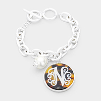 -N- Initial Monogram Pearl Charm Chain Link Bracelet