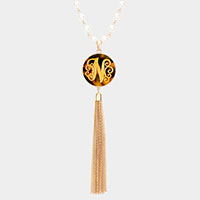 -N- Initial Monogram Pearl Metal Tassel Necklace