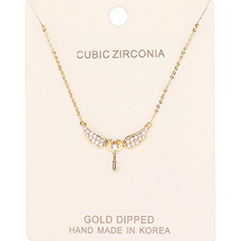 Gold Dipped CZ Angel Wings Key Pendant Necklace