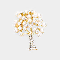 Pearl Rhinestone Pave Tree Pin Brooch