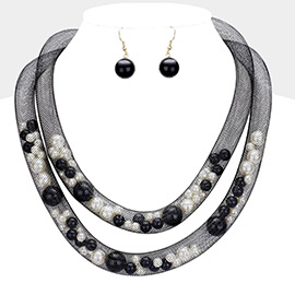 Double Mesh Tube Pearl Collar Necklace