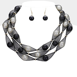 Triple Mesh Tube Pearl Collar Necklace