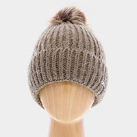 Faux Fur Pom Pom Cuffed Single Layered Beanie Hat 