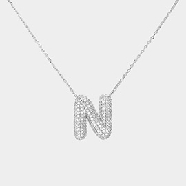 -N- White Gold Dipped CZ Initial Monogram Pendant Necklace