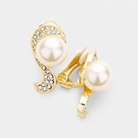Pearl Rhinestone Pave Clip on Earrings
