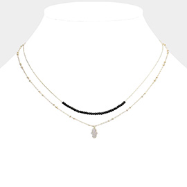 Double Layered Brass Metal CZ Hamsa Hand Pendant Necklace