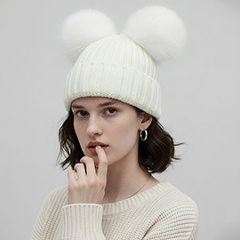 Double Pom Pom Knit Beanie Hat