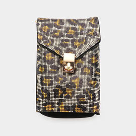 Leopard Patterned Bling Studded Rectangle Flap Crossbody Cellphone Bag