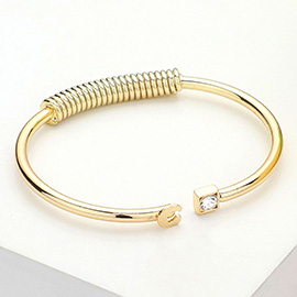 -C- Initial Monogram Brass Metal Round Stone Tip Cuff Bracelet