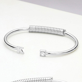 -K- Initial Monogram Brass Metal Round Stone Tip Cuff Bracelet