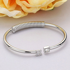 -R- Initial Monogram Brass Metal Round Stone Tip Cuff Bracelet