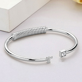 -T- Initial Monogram Brass Metal Round Stone Tip Cuff Bracelet