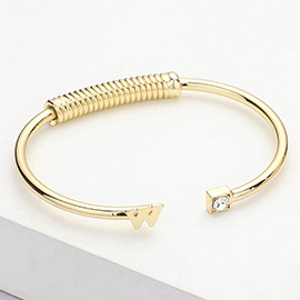-W- Initial Monogram Brass Metal Round Stone Tip Cuff Bracelet