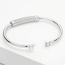 -W- Initial Monogram Brass Metal Round Stone Tip Cuff Bracelet