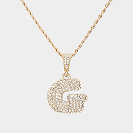 -G- Rhinestone Initial Monogram Pendant Brass Chain Necklace