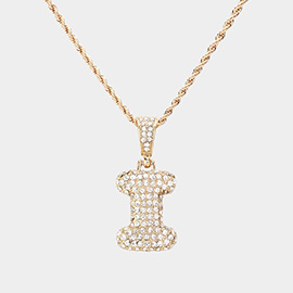 -I- Rhinestone Initial Monogram Pendant Brass Chain Necklace